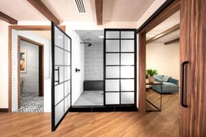 Modern bathroom remodel with tile and fixtures